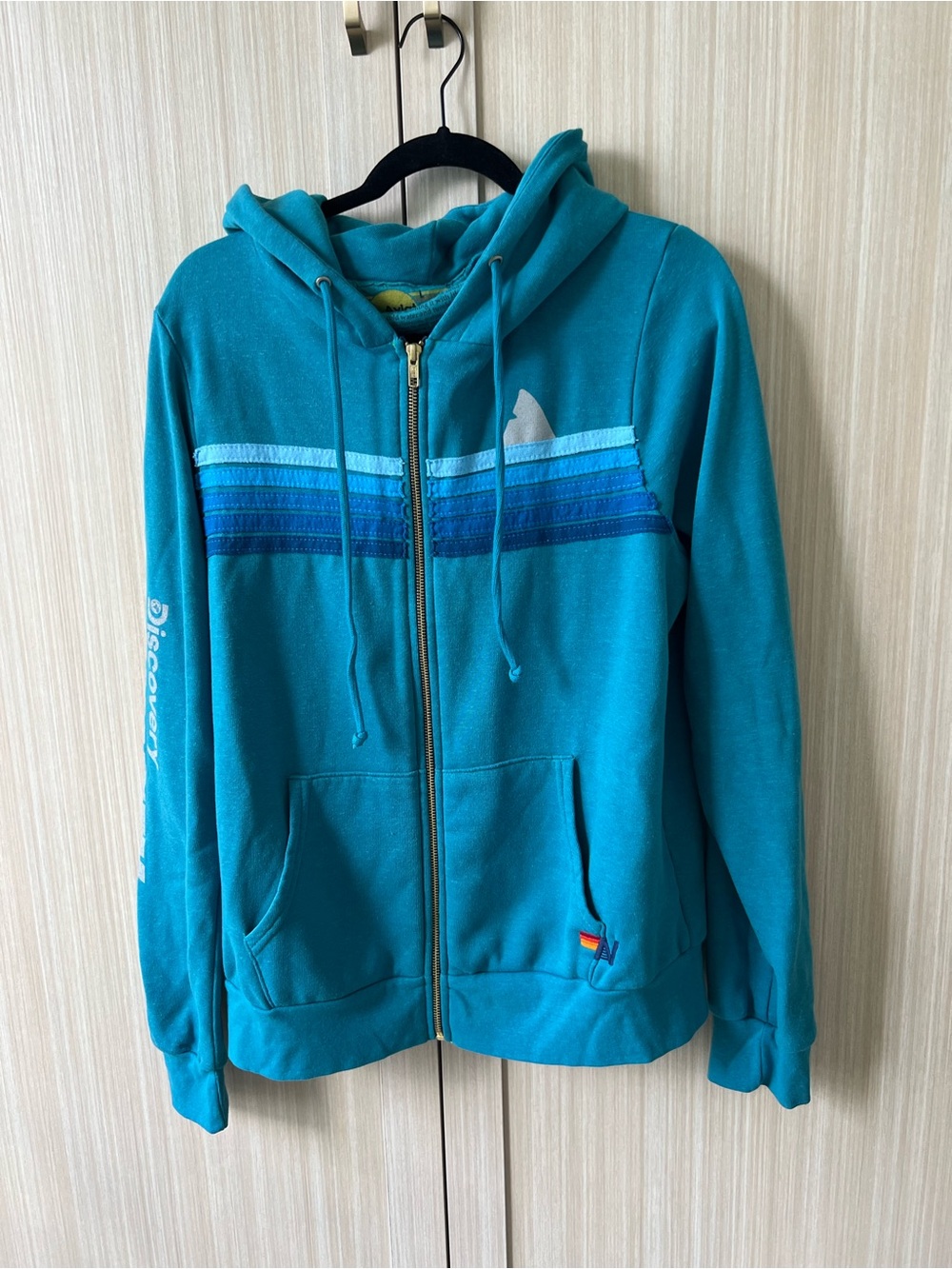 Aviator Nation Teal Zip-Up Hoodie with Striped Chest DISCOVERY SHARK WK LG